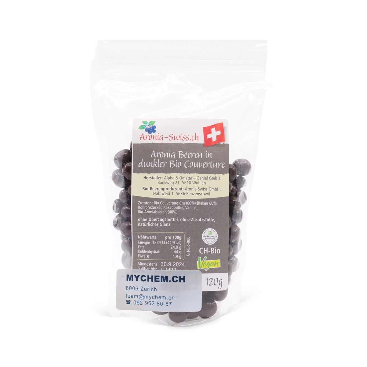 Aroniabeeren in dunkler Couverture, vegan, Bio Schweiz (OPC)